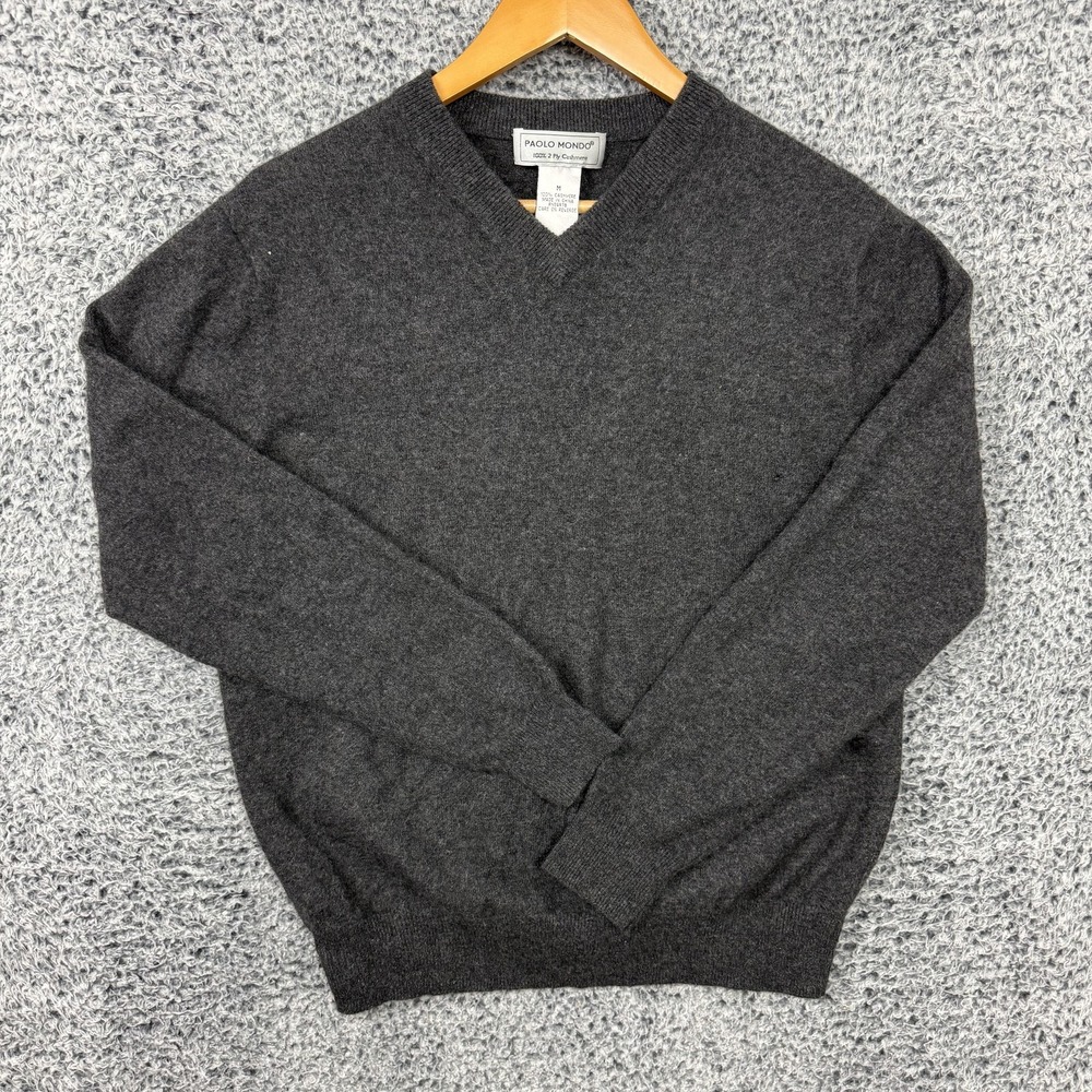 Paolo Mondo Sweater Mens Medium Gray 100% Cashmere V Neck Knit Pullover Soft